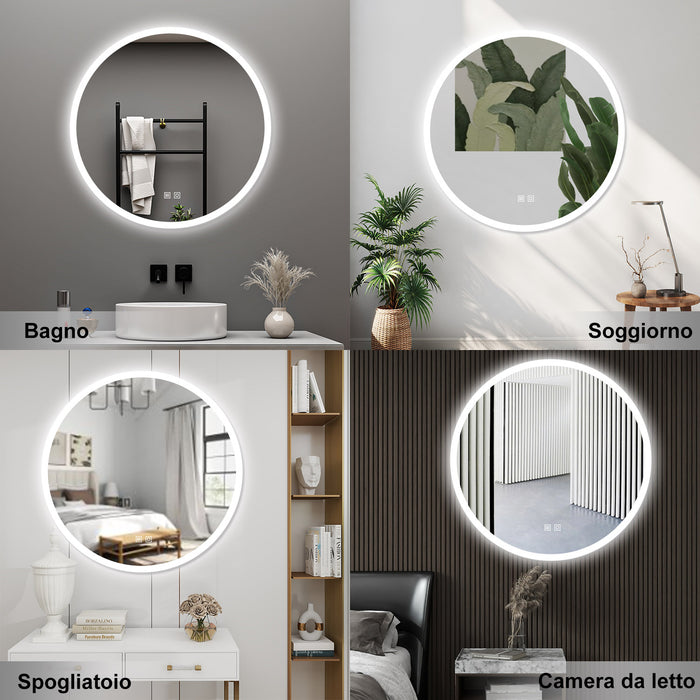AICA Specchio da bagno 60 x 60 cm, 3 colori, antiappannamento, dimmerabile, interruttore touch, Funzione Memoria