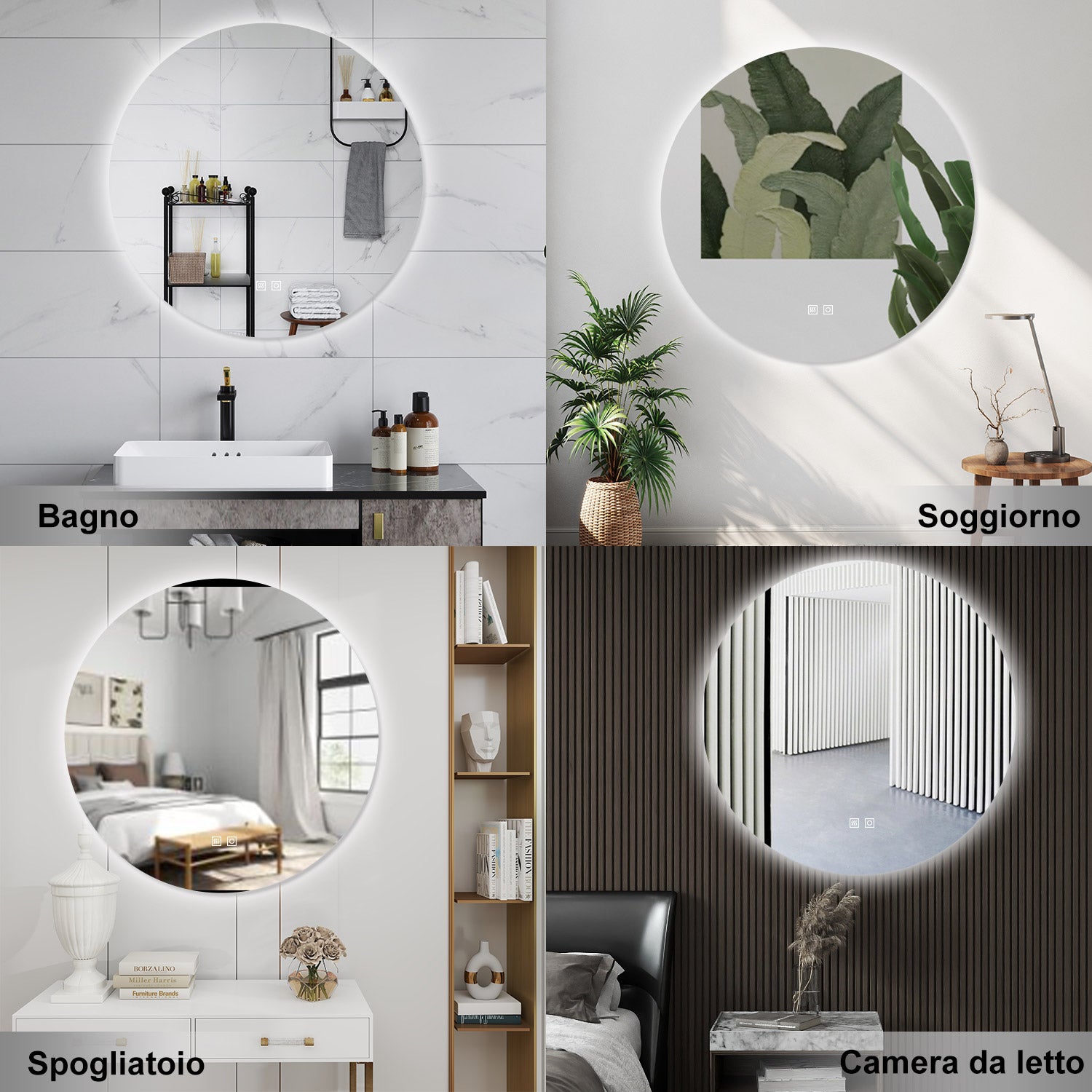 AICA Specchio da bagno 100 x 100 cm, 3 colori, antiappannamento, dimmerabile, interruttore touch, Funzione Memoria