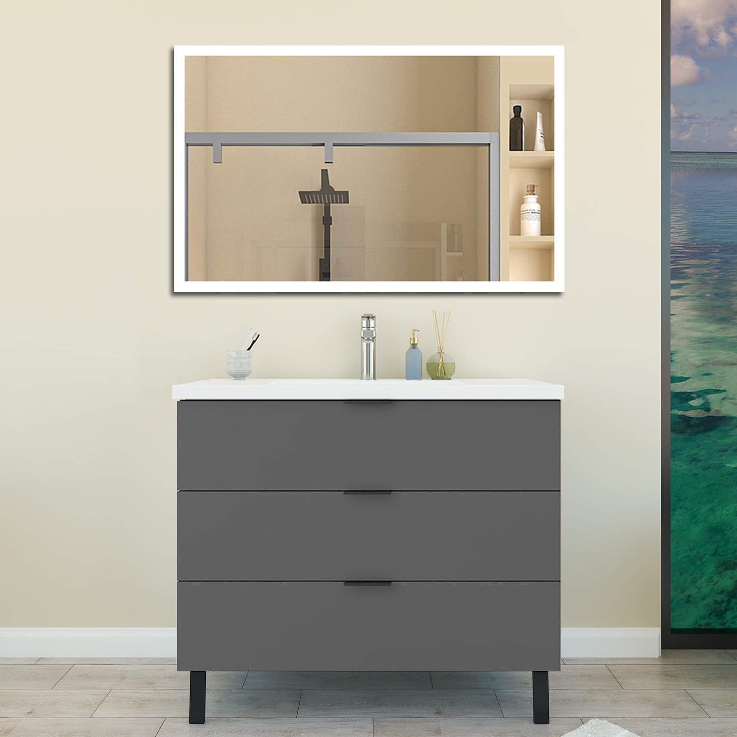 Mobile Bagno Appoggio 99 cm con 3 Cassetti, Lavabo da Incasso, Nero