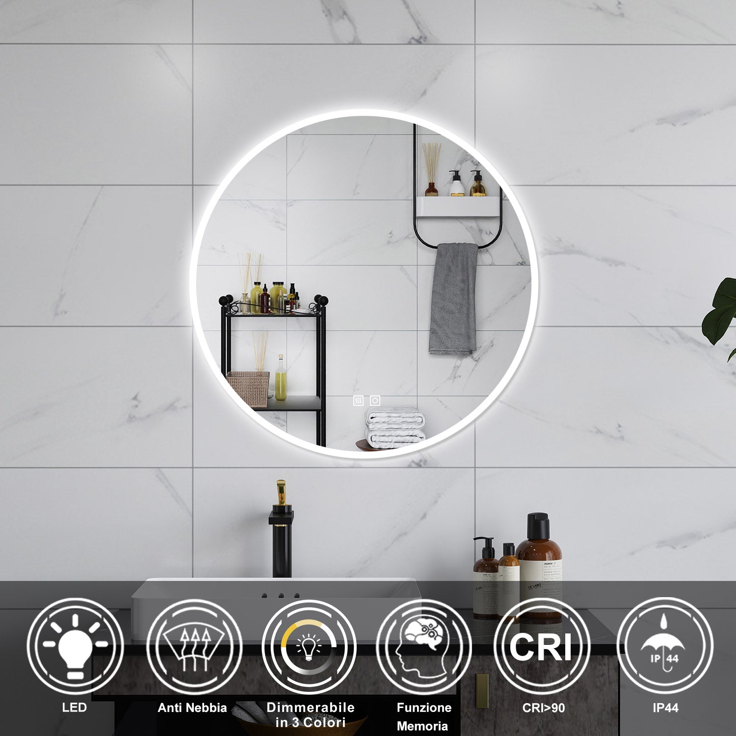 AICA Specchio da bagno 80 x 80 cm, 3 colori, antiappannamento, dimmerabile, interruttore touch, Funzione Memoria