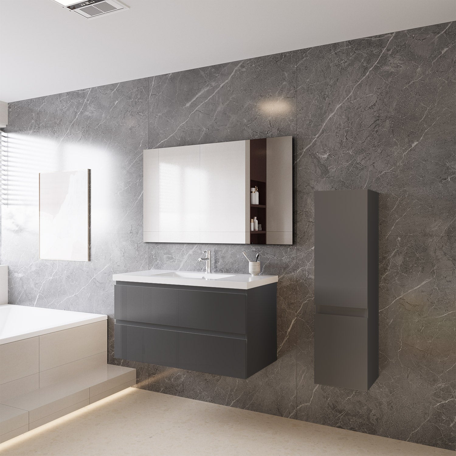 Mobile bagno sospeso con lavabo da incasso 99 cm,bianco,2 cassetti