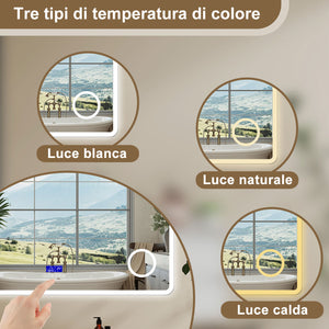 Aica Specchio da bagno bluetooth 80x60cm con antiappannamento + dimmerabile + 3 colori + ingrandimento 3X