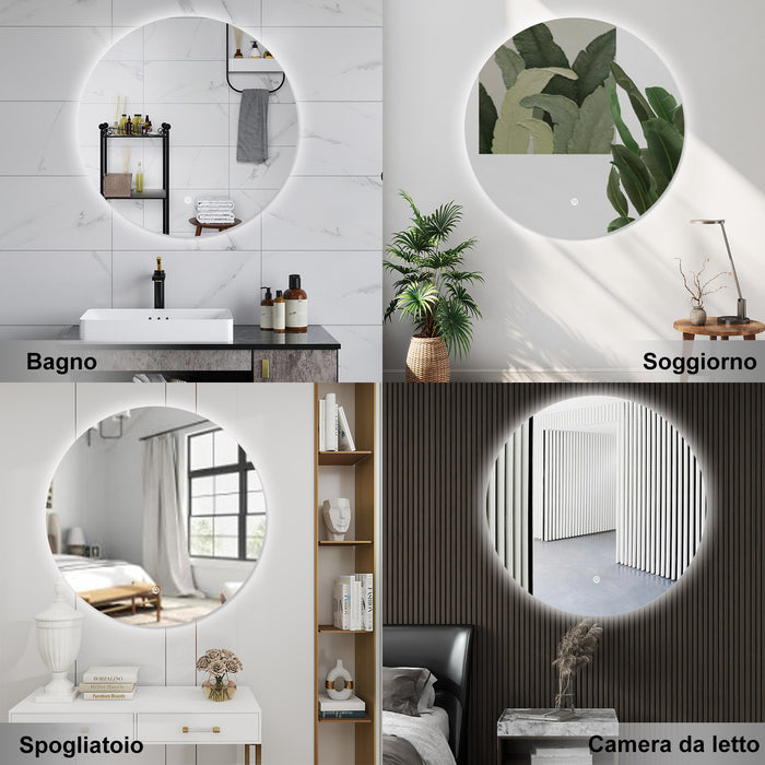 AICA Specchio da bagno 70 x 70 cm, antiappannamento, dimmerabile, interruttore touch, Funzione Memoria