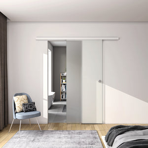 80x225 cm Porta Scorrevole in Vetro da 8 mm Temperato Opaco con Pellicola Anti-frantumi con Binario in Alluminio Bianco Verniciato