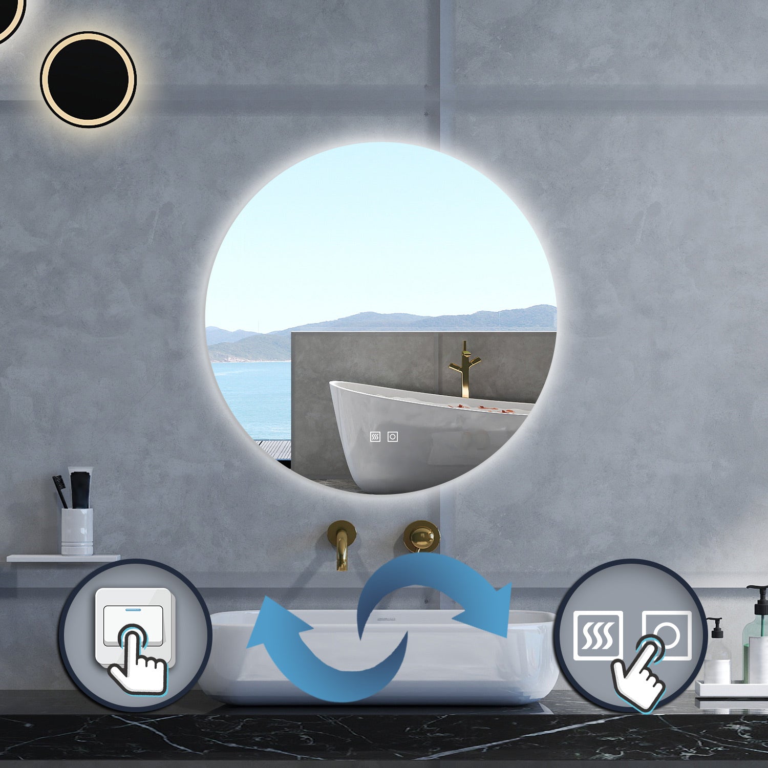 Specchio da bagno Rotondo con 90cm,3 colori,Memoria, Antifog,Regorabile,Retroilluminato,doppio interruttore,