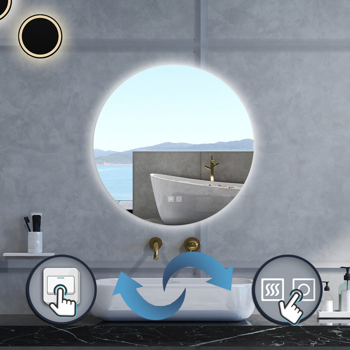 Specchio da bagno Rotondo con 90cm,3 colori,Memoria, Antifog,Regorabile,Retroilluminato,doppio interruttore,