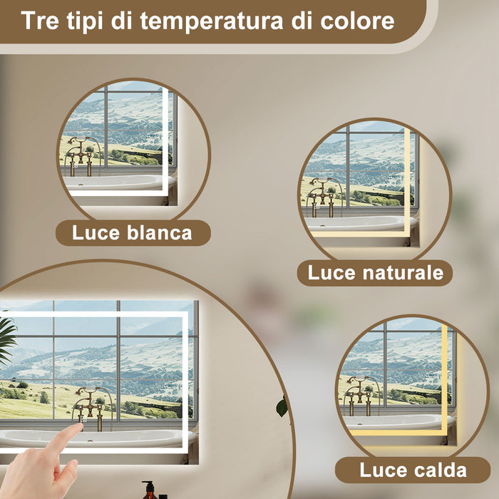 AICA Specchio Da Bagno Rettangolare Da 70x50cm con LED, Antiappannamento, 3 Temperature Colore