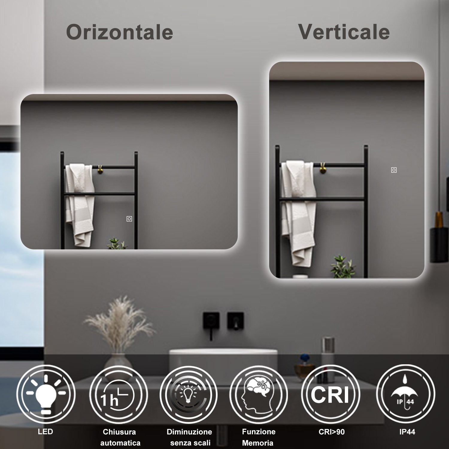 AICA Specchio da bagno 90 x 60 cm, dimmerabile, interruttore touch, Funzione Memoria