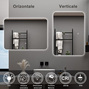 AICA Specchio da bagno 90 x 60 cm, dimmerabile, interruttore touch, Funzione Memoria