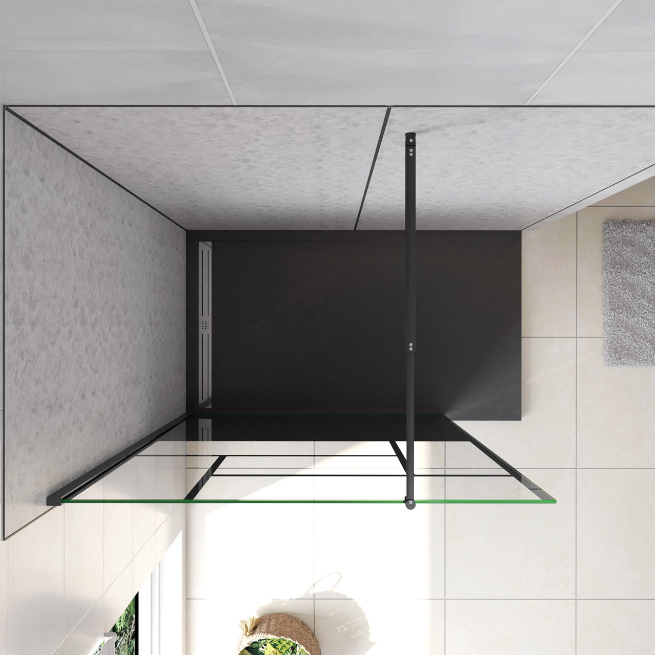 Doccia Walk In Parete Fissa Vetro Temperato 8 mm Anticalcare 90x200cm Semitrasparente Riquadri Nero Serigrafato Barra Stabilizzatrice da 70-120 cm