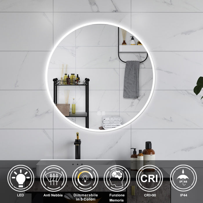 AICA Specchio da bagno 70 x 70 cm, blue tooth, 3 colori, antiappannamento, dimmerabile, interruttore touch, Funzione Memoria