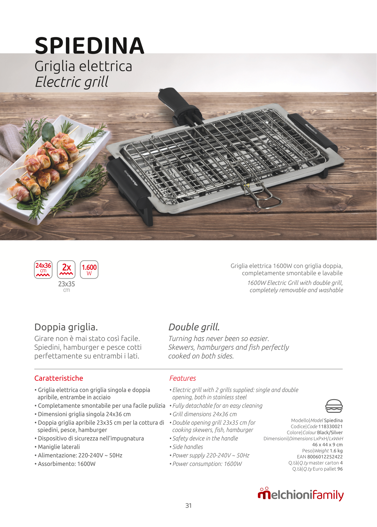 Melchioni Family | Griglia Elettrica Singola e Doppia Apribile, SPIEDINA, 1600W, Nero/Acciaio, Griglia in Acciaio Inox per Alimenti, con Dispositivo di Sicurezza, Dimensioni 24x36cm
