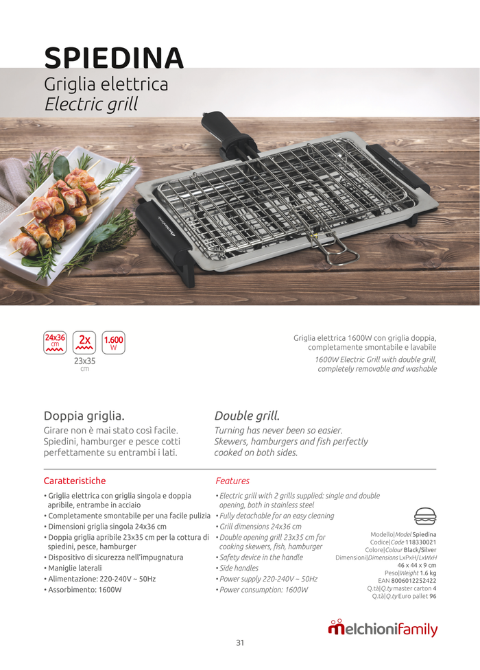 Melchioni Family | Griglia Elettrica Singola e Doppia Apribile, SPIEDINA, 1600W, Nero/Acciaio, Griglia in Acciaio Inox per Alimenti, con Dispositivo di Sicurezza, Dimensioni 24x36cm