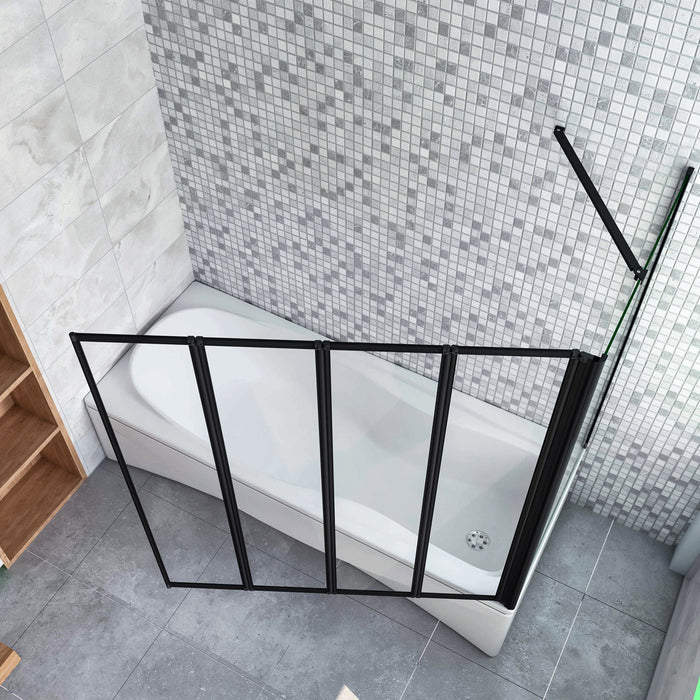 Parete Vasca Doccia 100x65cm Sopravasca Angolare 4 Ante Pieghevoli Vetro Temperato Trasparente da 4 mm con Parete Laterale da 6 mm H.140cm Telai Neri Opachi