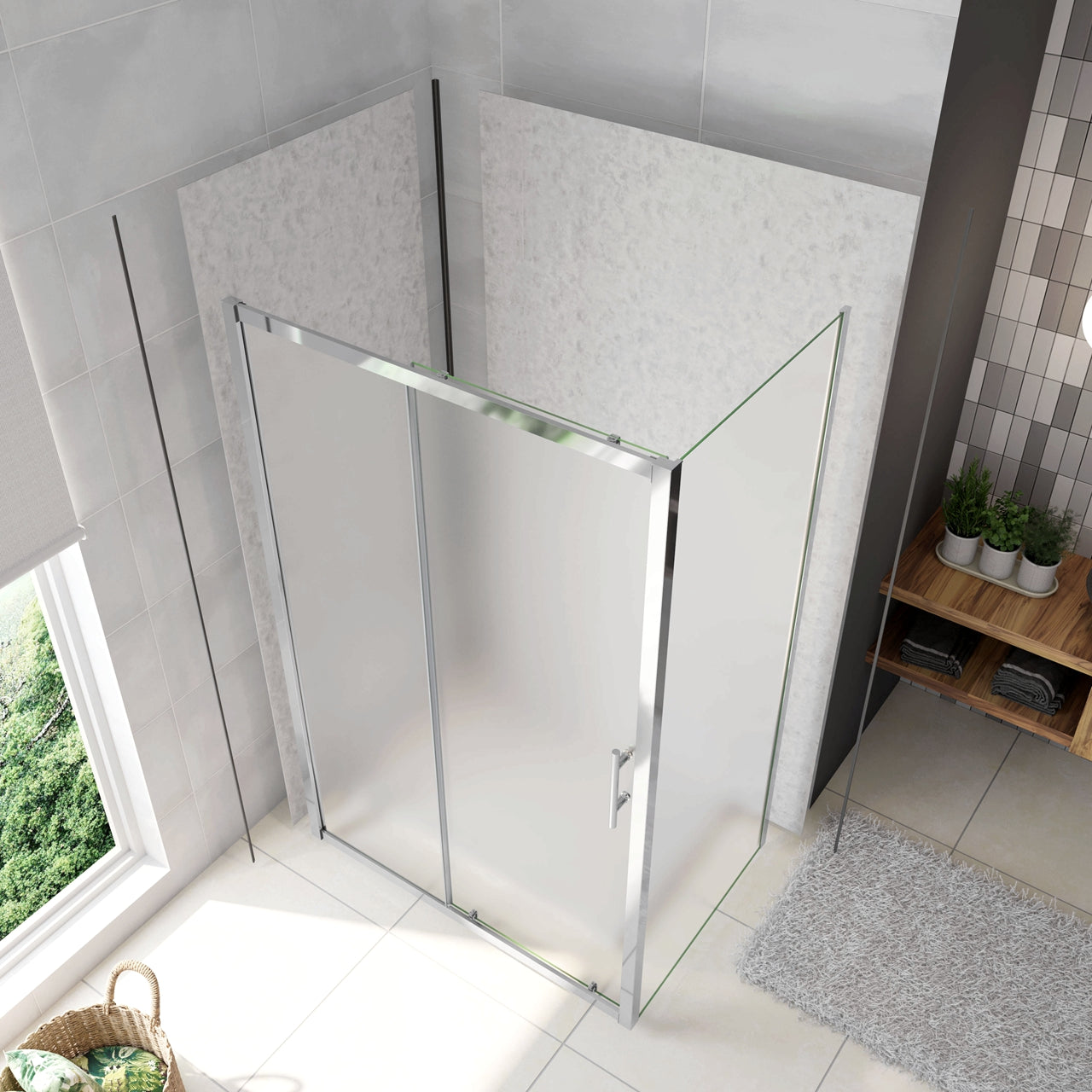 H.185 cm Box Doccia Angolare Porta Scorrevole con Parete Fissa Vetro Temperato 5 mm Satinato Opaco 110x80 cm