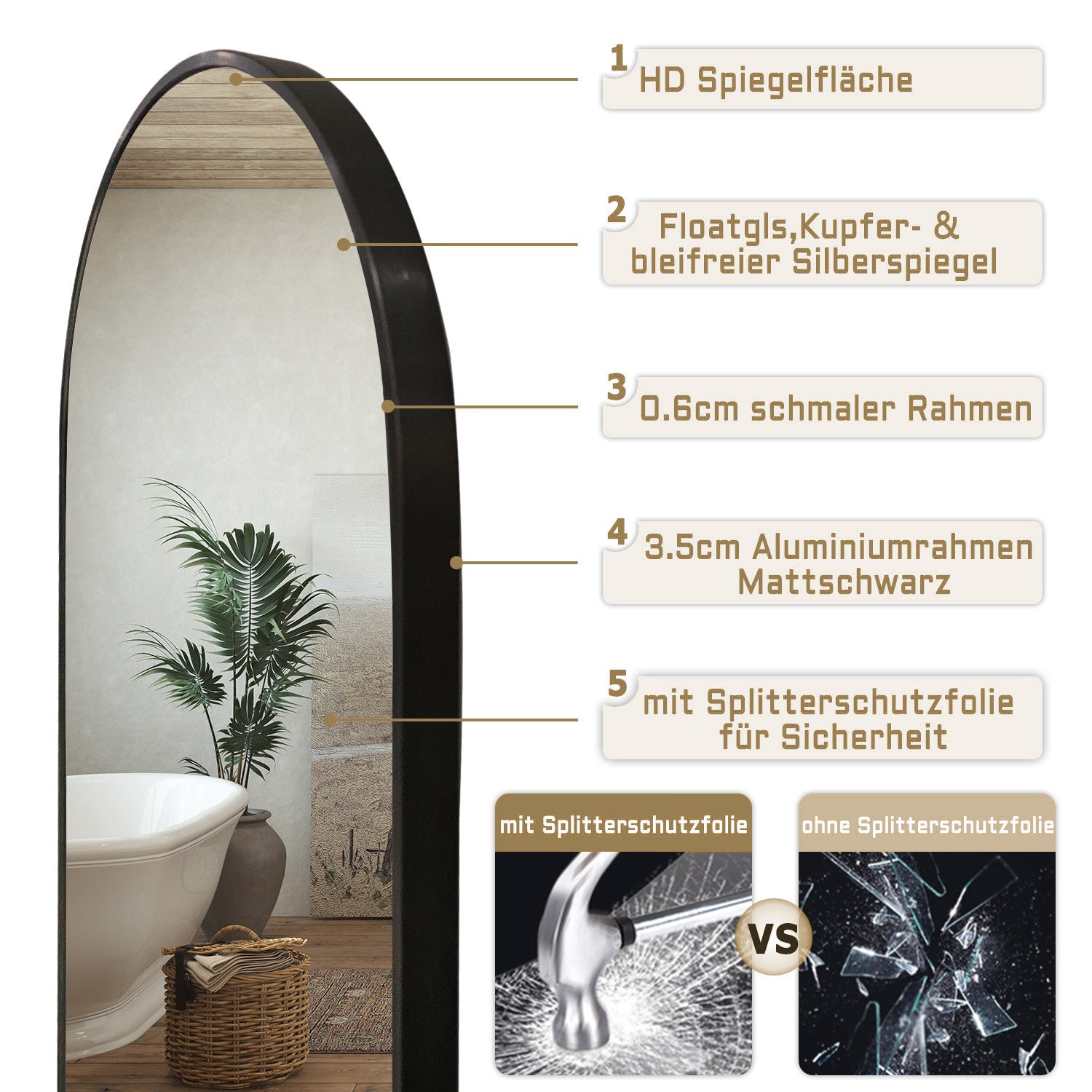 Specchio a corpo intero 150x50cm, design moderno e adatto per svariate scenari.