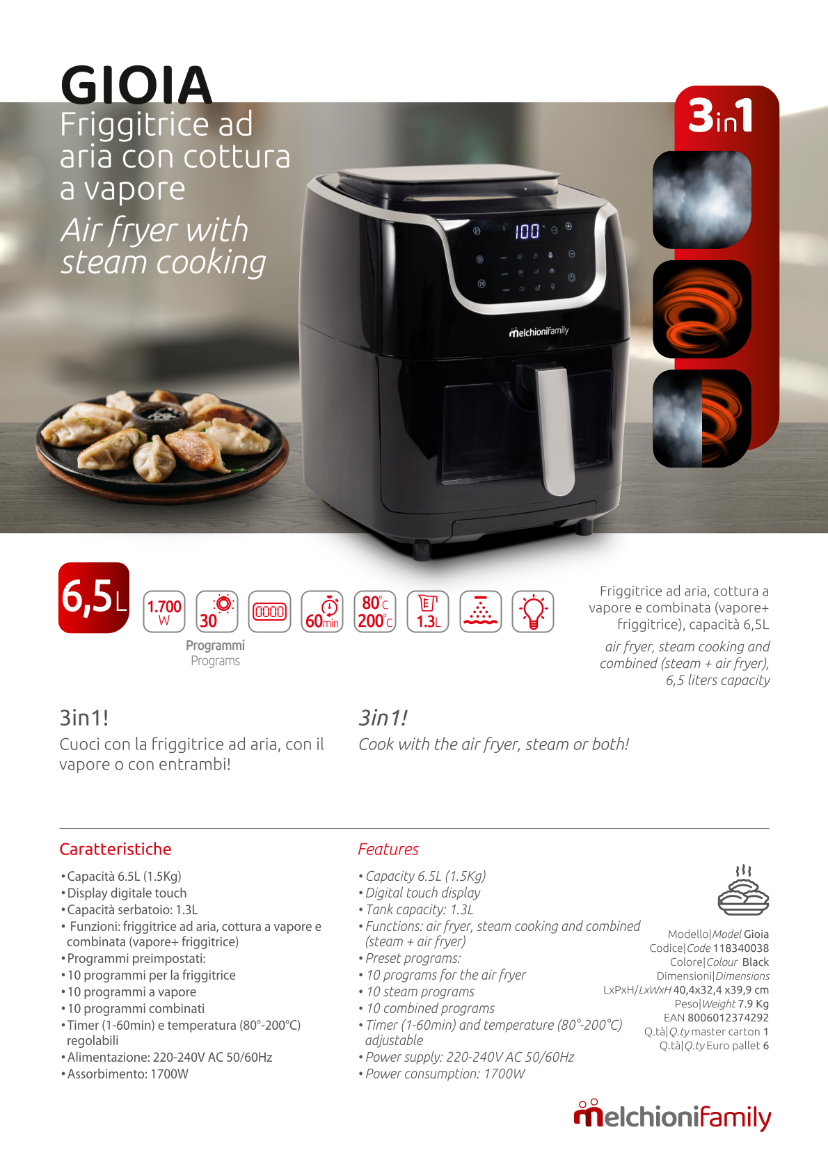Friggitrice ad Aria Calda con Cottura a Vapore 6.5 Litri Melchioni Family Gioia