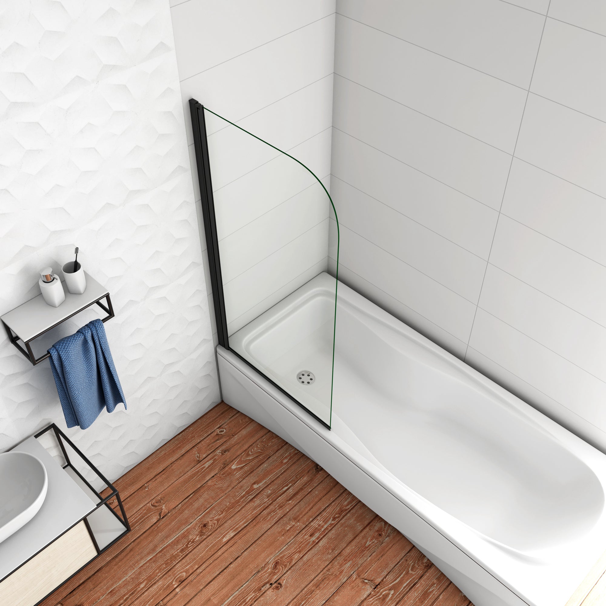 80x140cm Parete Vasca Doccia Sopravasca Singolo Pannello Stondato/Curvo Girevole in Vetro Temperato 5 mm Trasparente Telaio Nero Opaco