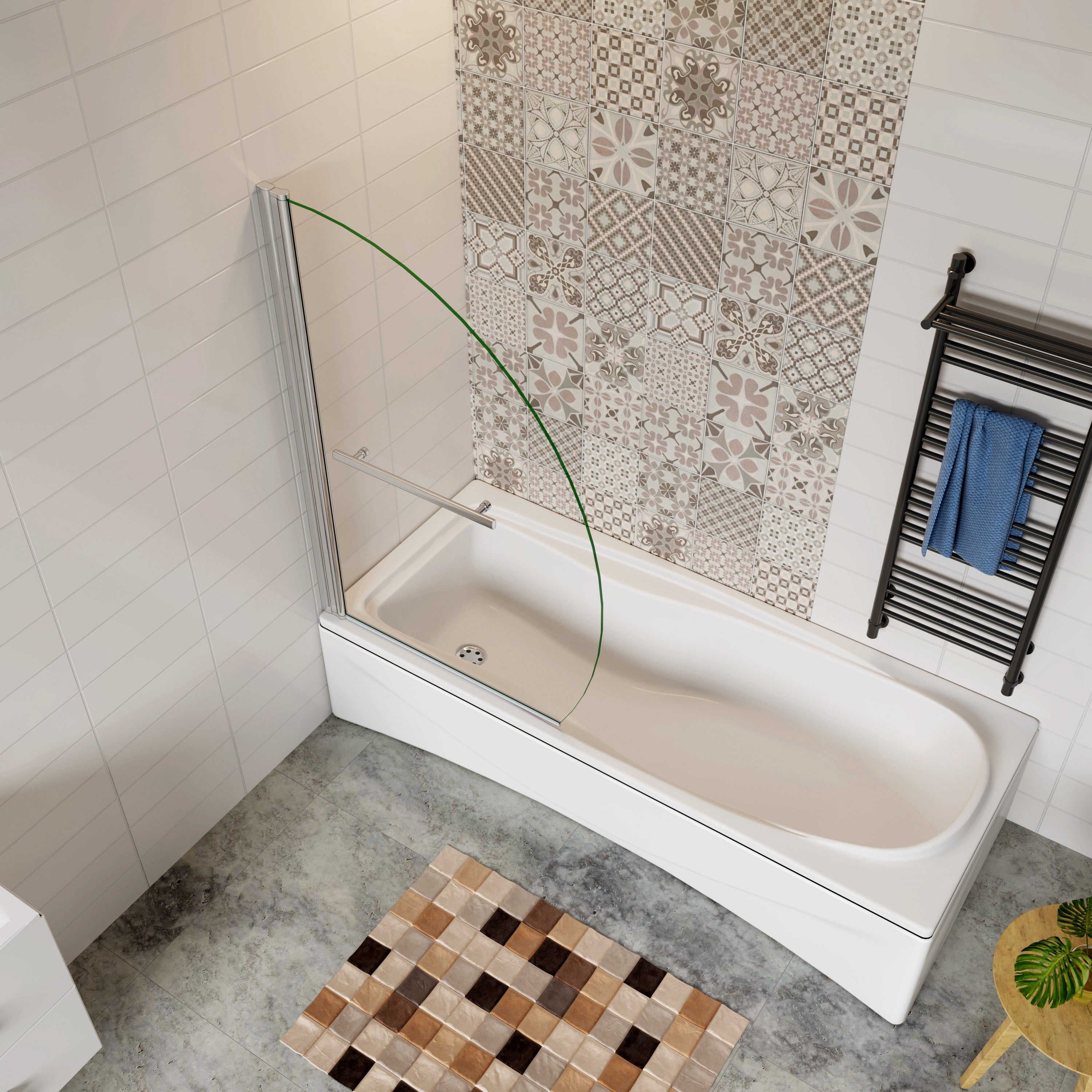 100x150cm Parete Vasca Doccia Sopravasca Pannello Forma Vela in Vetro Temperato 8 mm Trasparente Anticalcare Telaio Cromato Lucido Portasciugamani