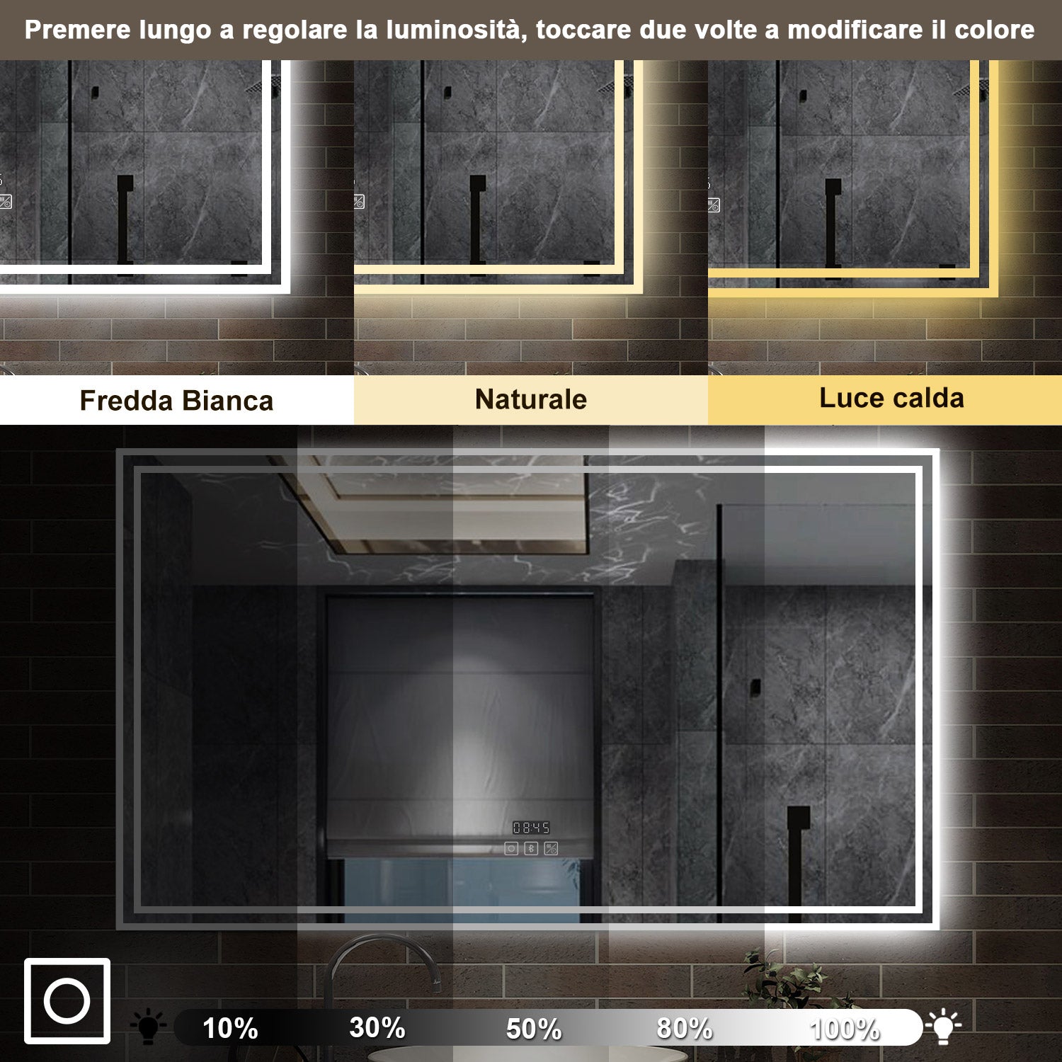 140 x 80 cm,AICA Specchio da Bagno LED con Luce, 3 Colori Regolabili,Blue tooth,orologio,memoria, antiappannamento,CRI>90,autospegnimento