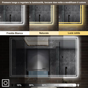 140 x 80 cm,AICA Specchio da Bagno LED con Luce, 3 Colori Regolabili,Blue tooth,orologio,memoria, antiappannamento,CRI>90,autospegnimento