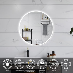 AICA Specchio da bagno 70 x 70 cm, 3 colori, antiappannamento, dimmerabile, interruttore touch, Funzione Memoria