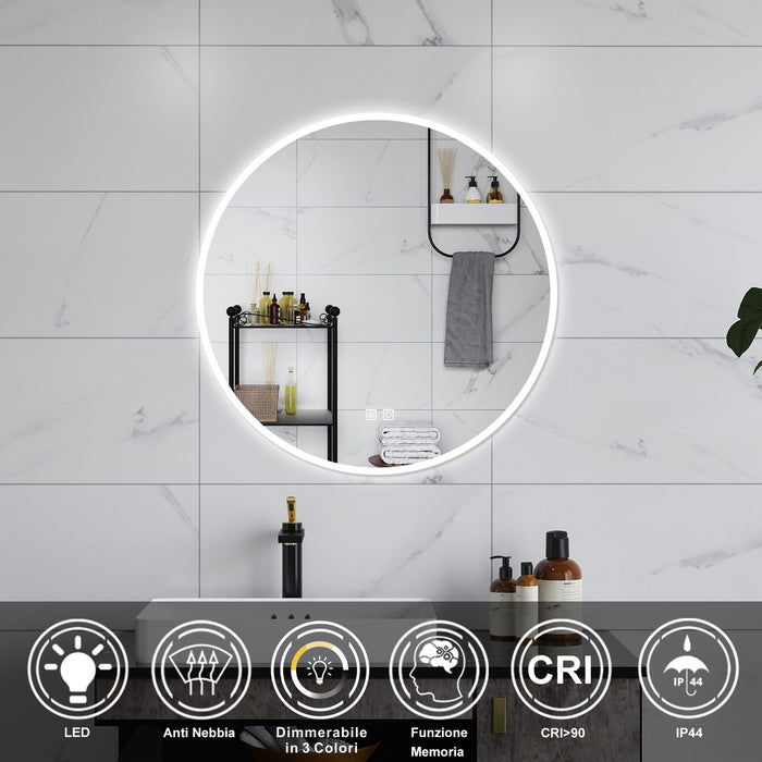 AICA Specchio da bagno 70 x 70 cm, 3 colori, antiappannamento, dimmerabile, interruttore touch, Funzione Memoria
