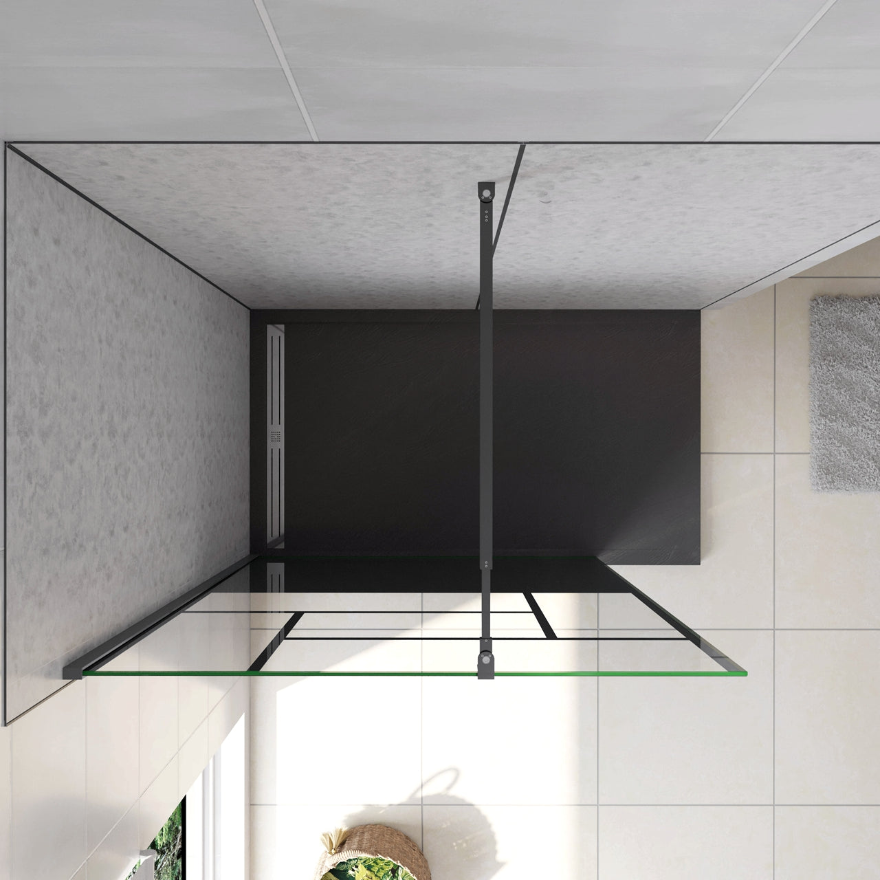 Doccia Walk In Parete Fissa Vetro Temperato 8 mm Anticalcare 90x200cm Semitrasparente Riquadri Nero Serigrafato Barra Stabilizzatrice da 73-120 cm