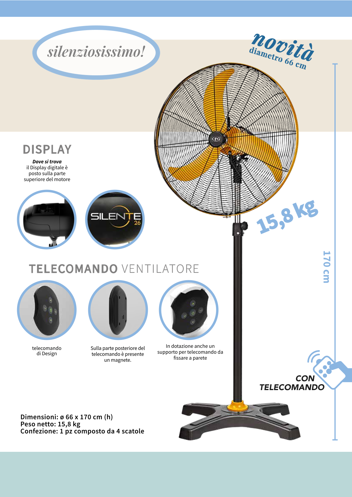 CFG SILENTE 26 EV117 VENTILATORE A PIANTANA CON MOTORE DC CORRENTE CONTINUA DIAMETRO 60CM 70 db 110 W SILENZIOSO