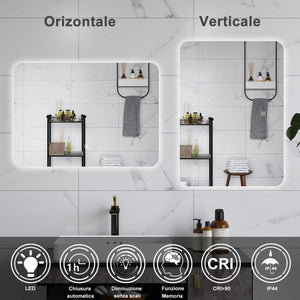AICA Specchio da bagno 100 x 60 cm, dimmerabile, interruttore touch, Funzione Memoria