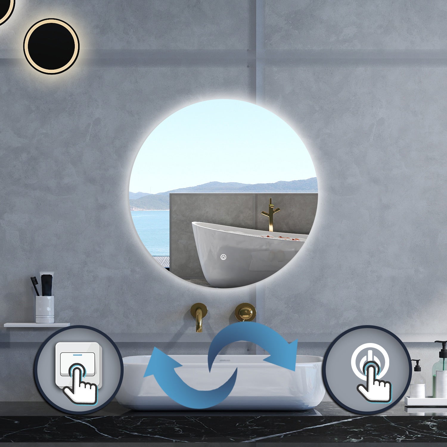 Specchio da bagno Rotondo con 90cm,Memoria, Antifog,Regorabile,Retroilluminato,doppio interruttore,