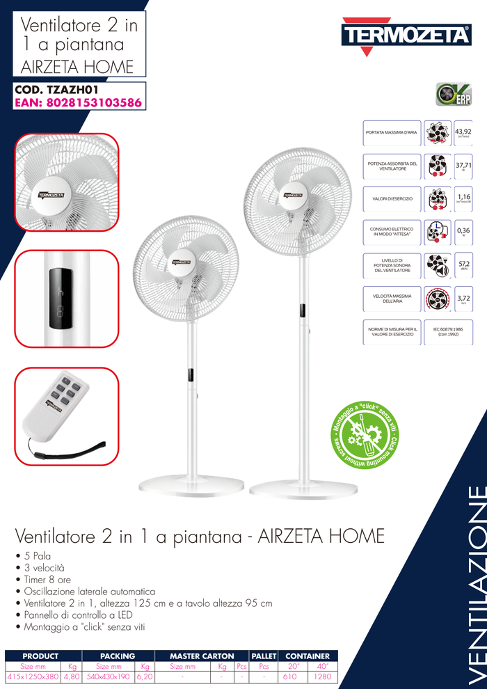 Termozeta Ventilatore a piantana 2 in 1 TZAZH01 montaggio senza viti timer 8h 5 pale 3 velocità oscillazione controlli al LED telecomando
