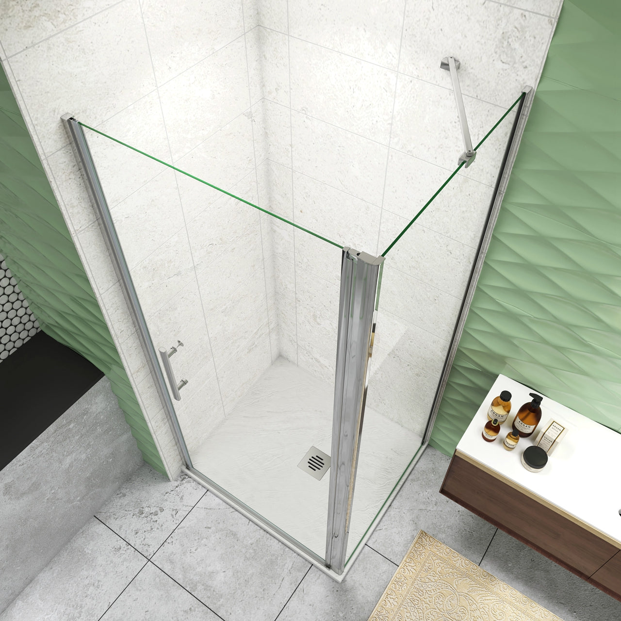 H.195 cm Box Doccia Angolare Porta Battente 76 cm Parete Fissa 80 cm Vetro 6mm Anticalcare Barra da 45 cm Cromo Lucido