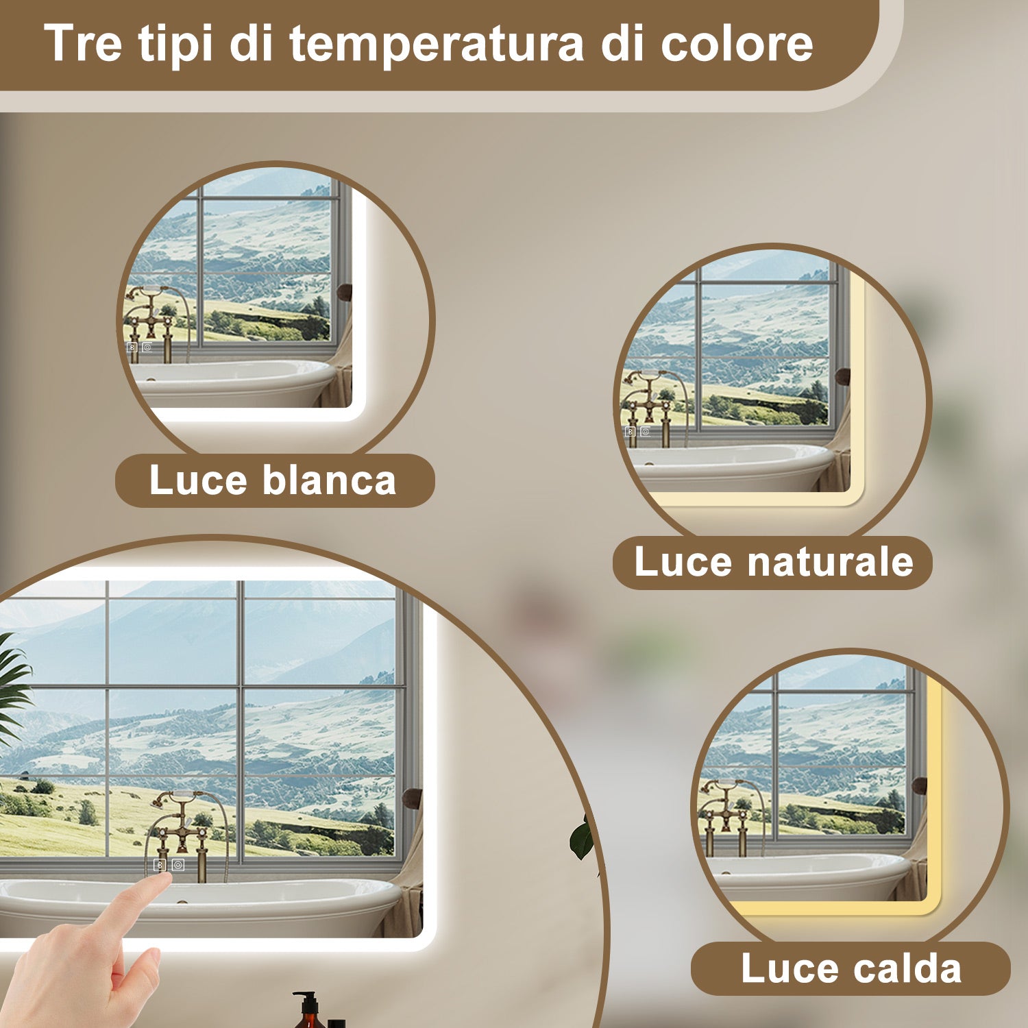 Aica Specchio da bagno a LED con Bluetooth 70 x 50 cm, 3 colori di luce regolabili, tasti a sfioramento