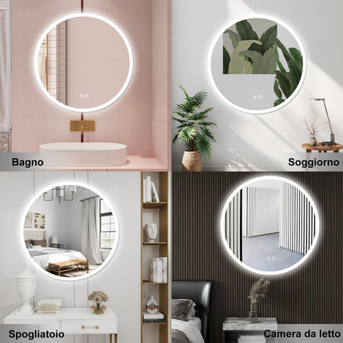 AICA Specchio da bagno 70 x 70 cm, 3 colori, antiappannamento, dimmerabile, interruttore touch, Funzione Memoria