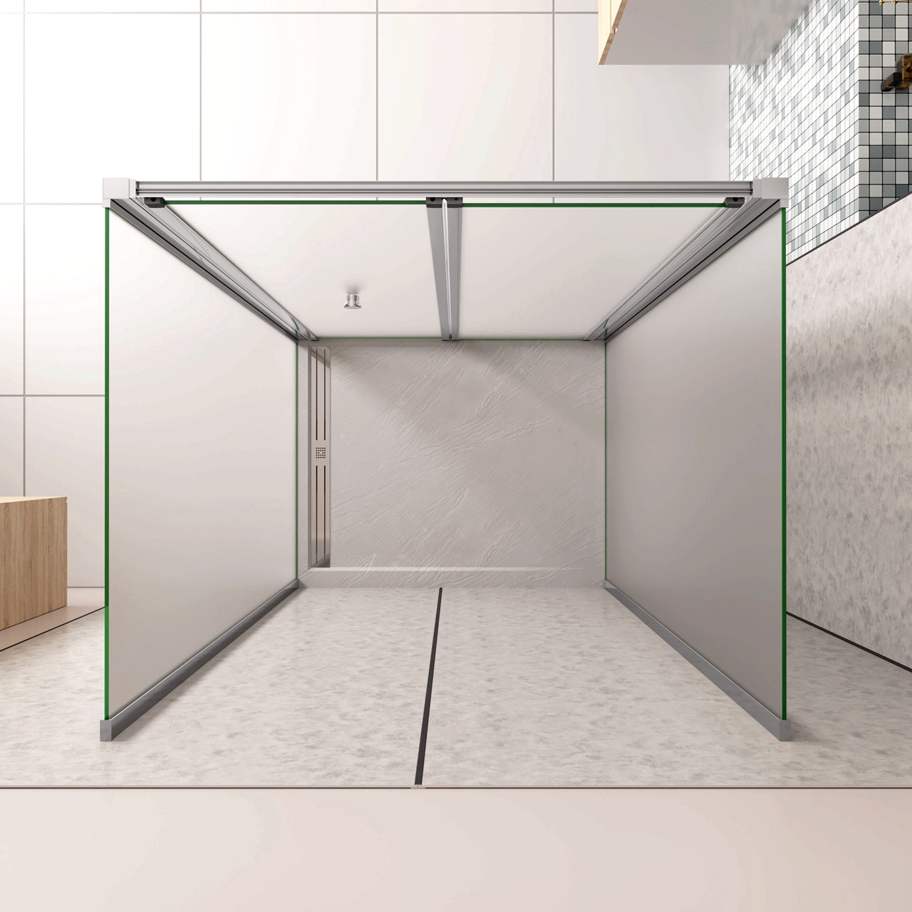 185cm Box Doccia a Tre Lati Porta a Soffietto 70cm con Doppia Parete Fissa 70x70cm in Vetro Temperato Satinato Opaco 5 mm Profilo Cromato Lucido