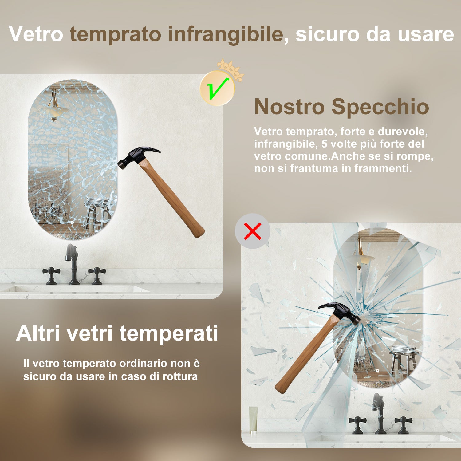 Specchio bagno ovale 50x90 cm con led. Dimmerabile + Touch Control + Bordo non sabbiato + IP44