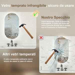 Specchio bagno ovale 50x90 cm con led. Dimmerabile + Touch Control + Bordo non sabbiato + IP44