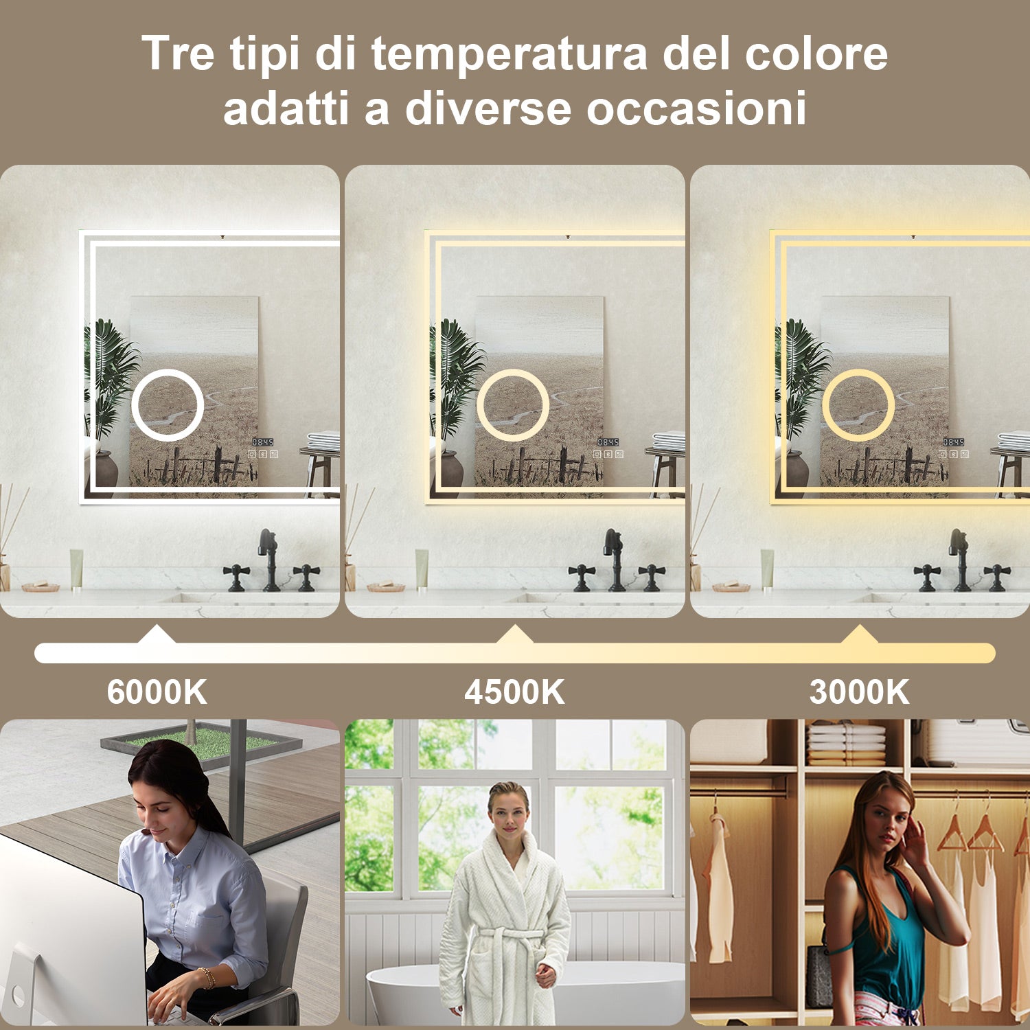 Specchio Luminoso da Bagno 120x70cm con Bluetooth, 3 Luci LED, Regolabile, Lente d'Ingrandimento, Orologio, Anti-Appannamento e Memoria