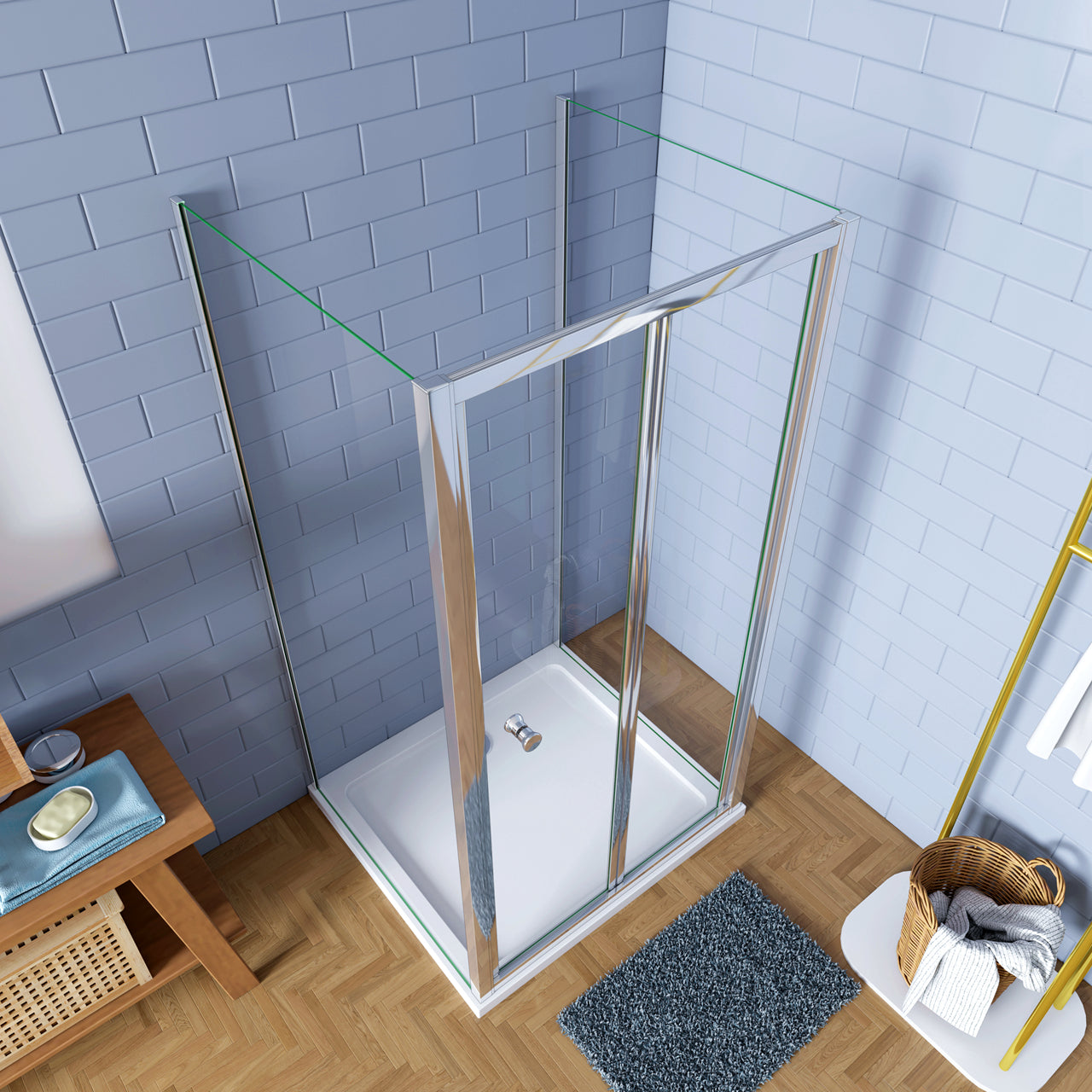 185cm Box Doccia a Tre Lati Porta a Soffietto 76cm con Doppia Parete Fissa 70x70cm in Vetro Temperato Trasparente 5 mm Profilo Cromo Lucido