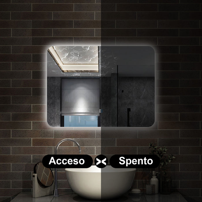 specchio 70 x 50 cm rettangolare con luce led e touch