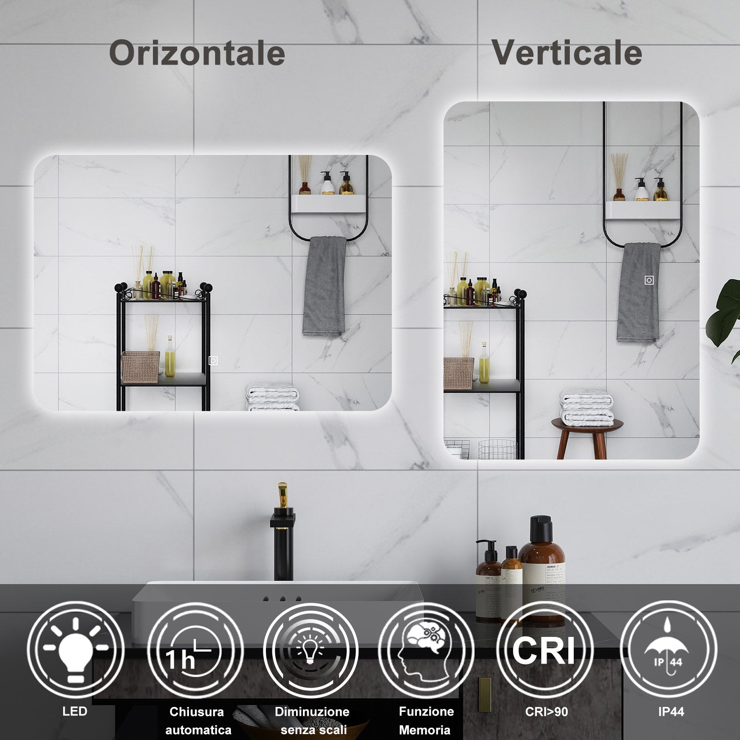AICA Specchio da bagno 80 x 60 cm, dimmerabile, interruttore touch, Funzione Memoria