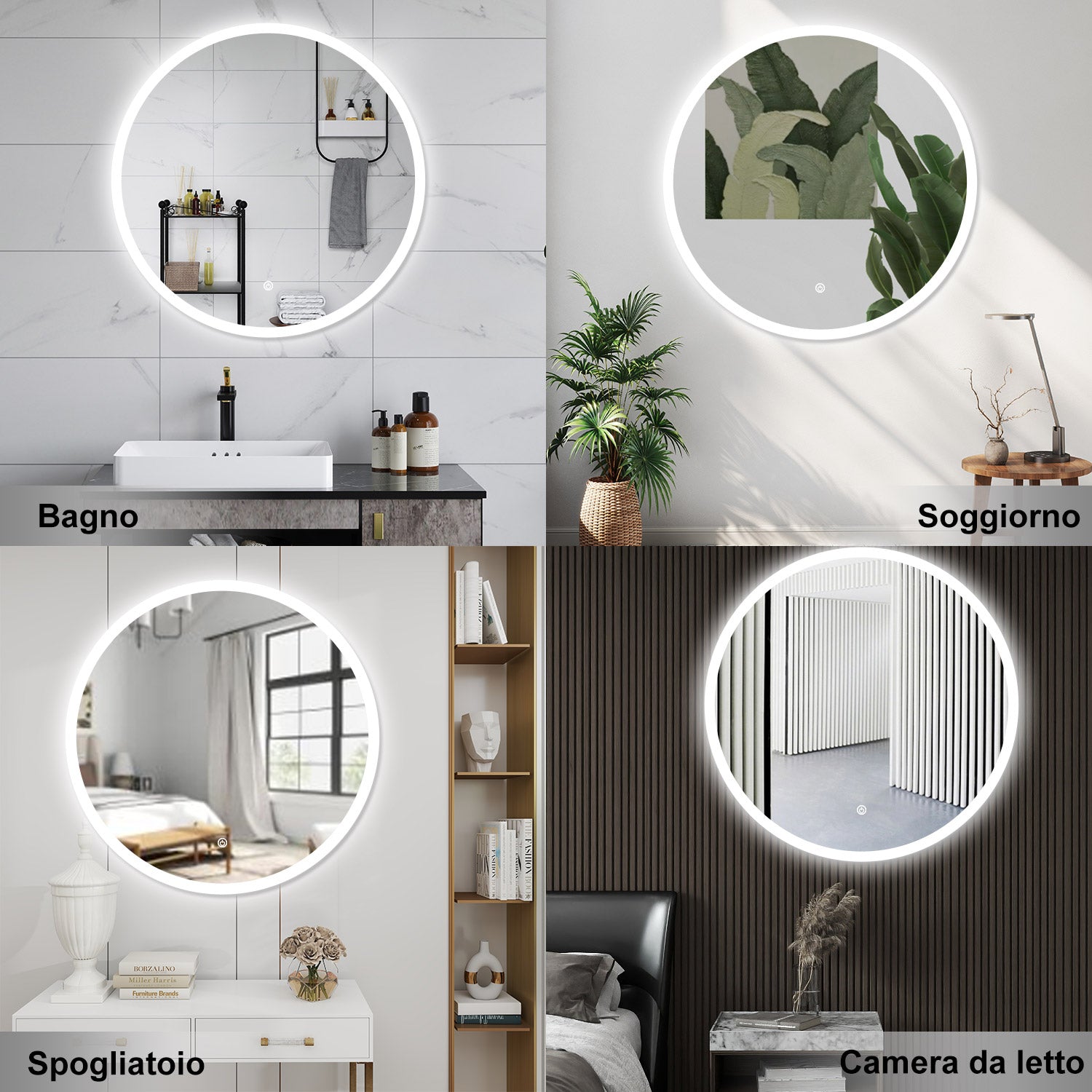 AICA Specchio da bagno 90 x 90 cm, 3 colori, antiappannamento, dimmerabile, interruttore touch, Funzione Memoria