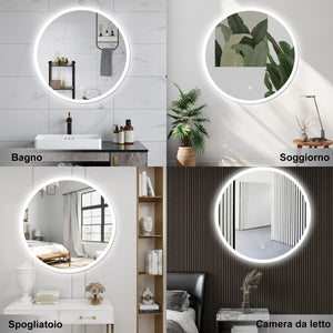 AICA Specchio da bagno 90 x 90 cm, 3 colori, antiappannamento, dimmerabile, interruttore touch, Funzione Memoria