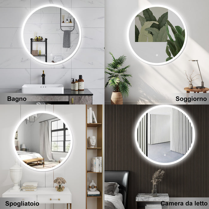 AICA Specchio da bagno 90 x 90 cm, 3 colori, antiappannamento, dimmerabile, interruttore touch, Funzione Memoria