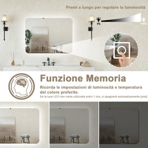 Specchio bagno Rettangolare 100x80cm Retroilluminato Con Led, 3 Luci, Design Moderno