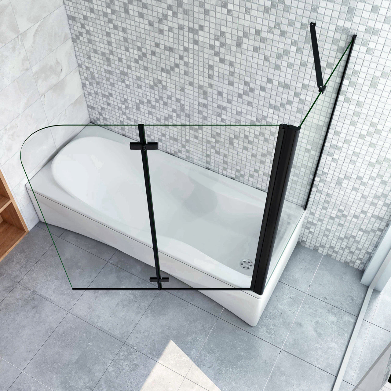 Parete Doccia 90xH.140cm Sopravasca Angolare 2 Ante Pieghevoli con Parete Laterale 65cm Vetro Temperato 6 mm Trasparente Anticalcare Nero Opaco