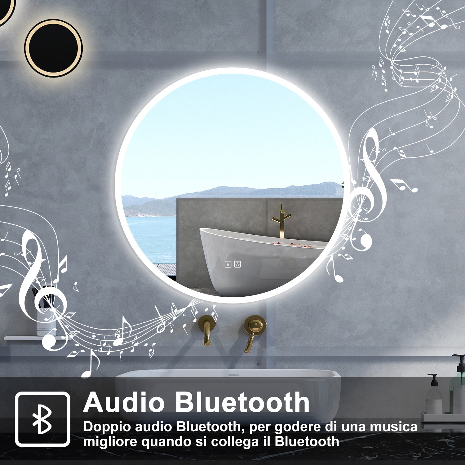 Specchio da bagno Rotondo con 80cm,Blue tooth,3 colori,Memoria, Antifog,Regorabile,Retroilluminato,doppio interruttore,
