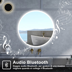 Specchio da bagno Rotondo con 80cm,Blue tooth,3 colori,Memoria, Antifog,Regorabile,Retroilluminato,doppio interruttore,