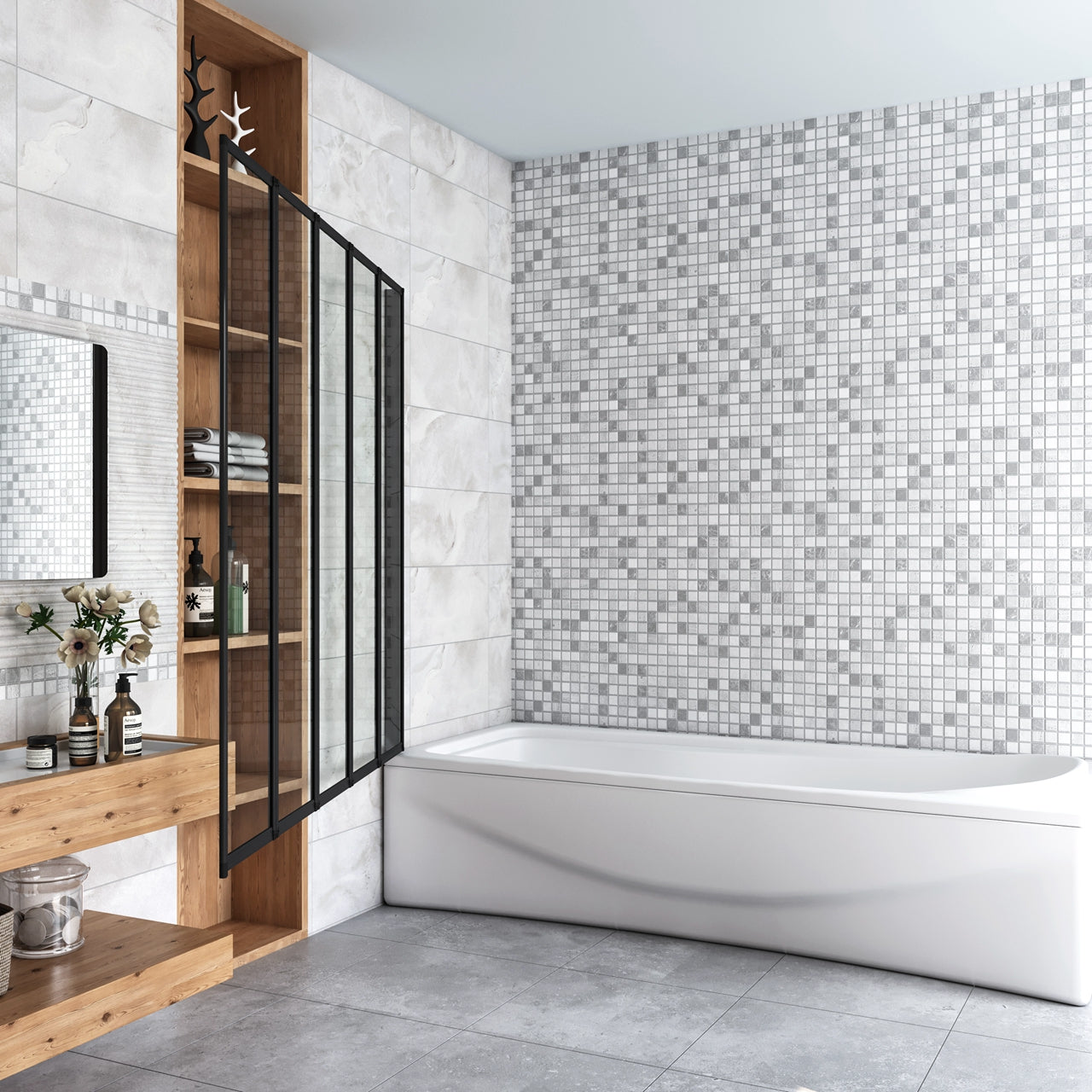 120x140 cm Sopravasca Parete Doccia per Vasca 5 Antine Pieghevoli a Libro Vetro Temperato Trasparente Da 4 mm Profilo Nero Opaco